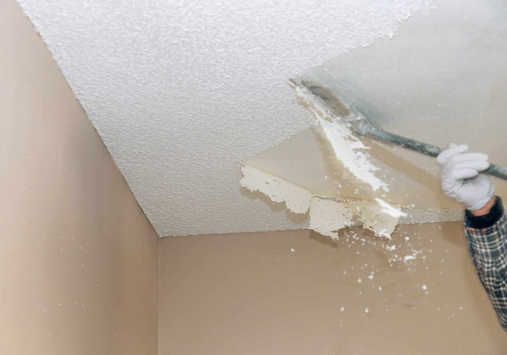 Removal old dirty popcorn ceiling wall interiors home remodeling